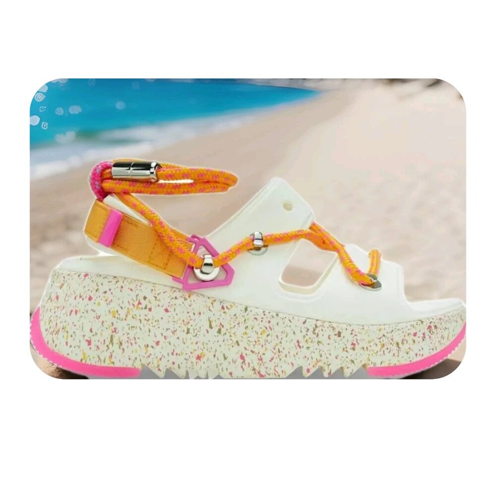 CROCS Women's SZ 7 Hiker XSCAPE Festival Sandals White Pink Wedge Trendy SHOES